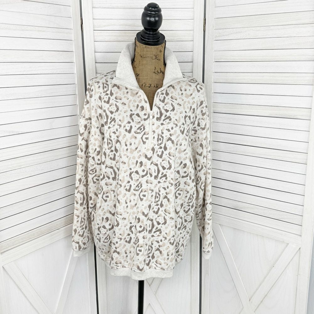 Aerie Leopard Print Oversized‎ Sweatshirt Cream Tan Beige Small Quarter Zip